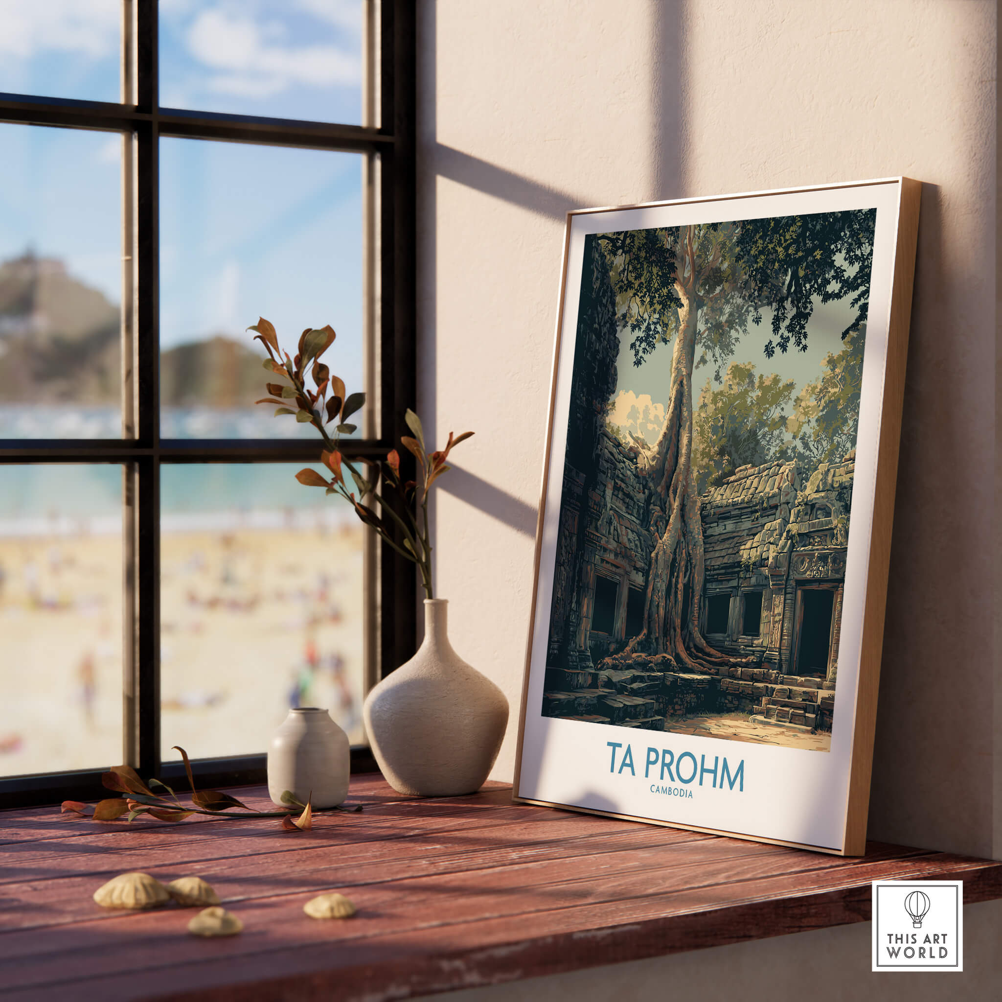 Ta Prohm Cambodia Canvas Print | Iconic Tree Root Ruins Poster displayed in a stylish room with beach view.