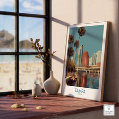 Tampa Florida Poster | Waterfront Sunset Cityscape Canvas Print displayed indoors near a window with beach view.
