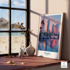 Tampa Florida Canvas Print | Sunset Bay & Sailboat Landscape Poster displayed in a sunny room with a beach view.