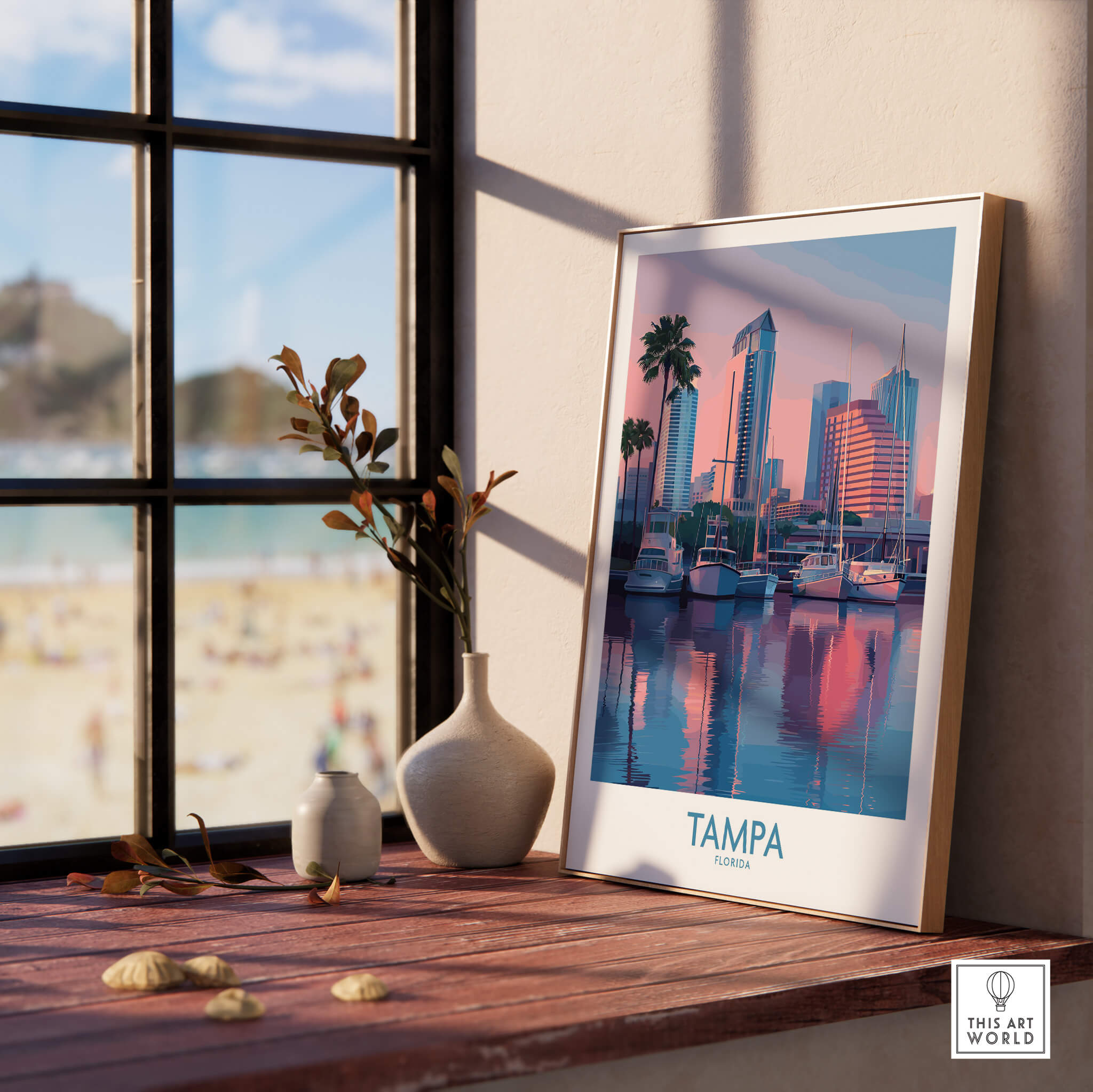 Tampa Florida Canvas Print | Sunset Bay & Sailboat Landscape Poster displayed in a sunny room with a beach view.