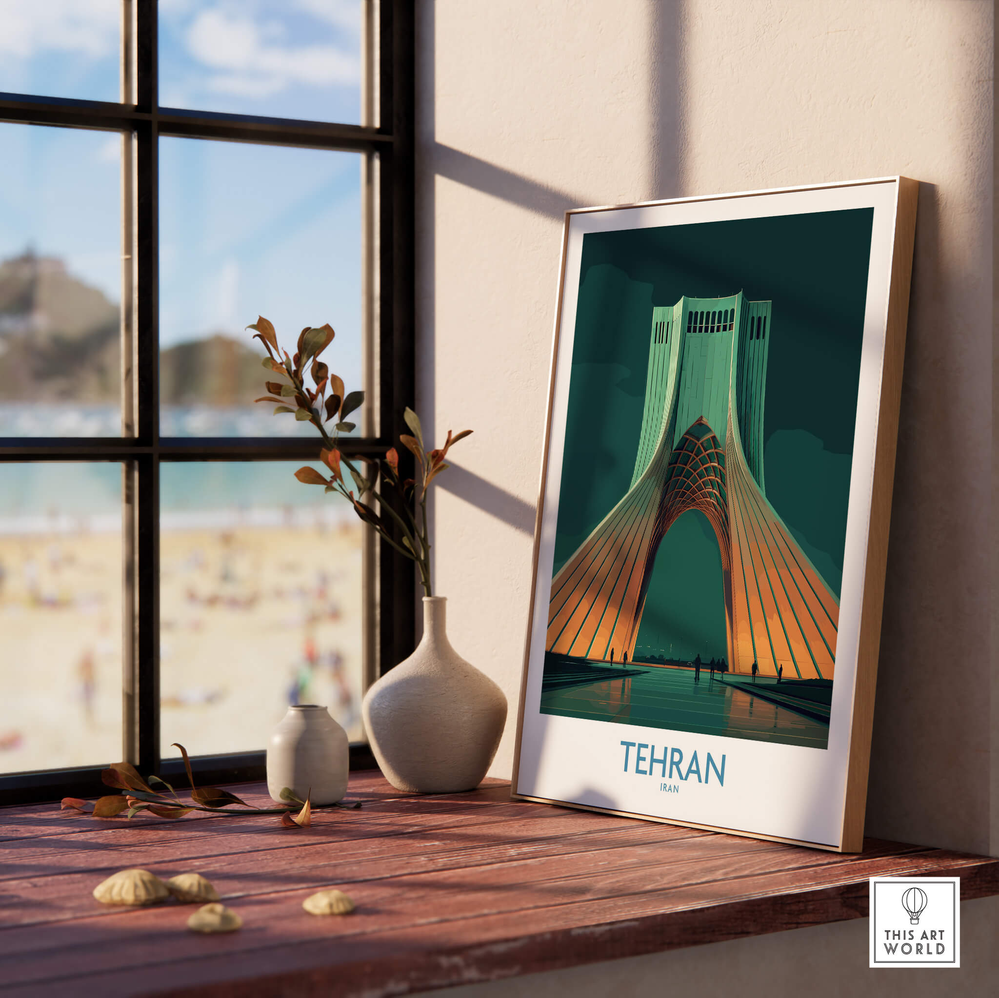 Tehran Iran Canvas Print | Iconic Persian Monument Cityscape Poster displayed on a table by a sunny window.