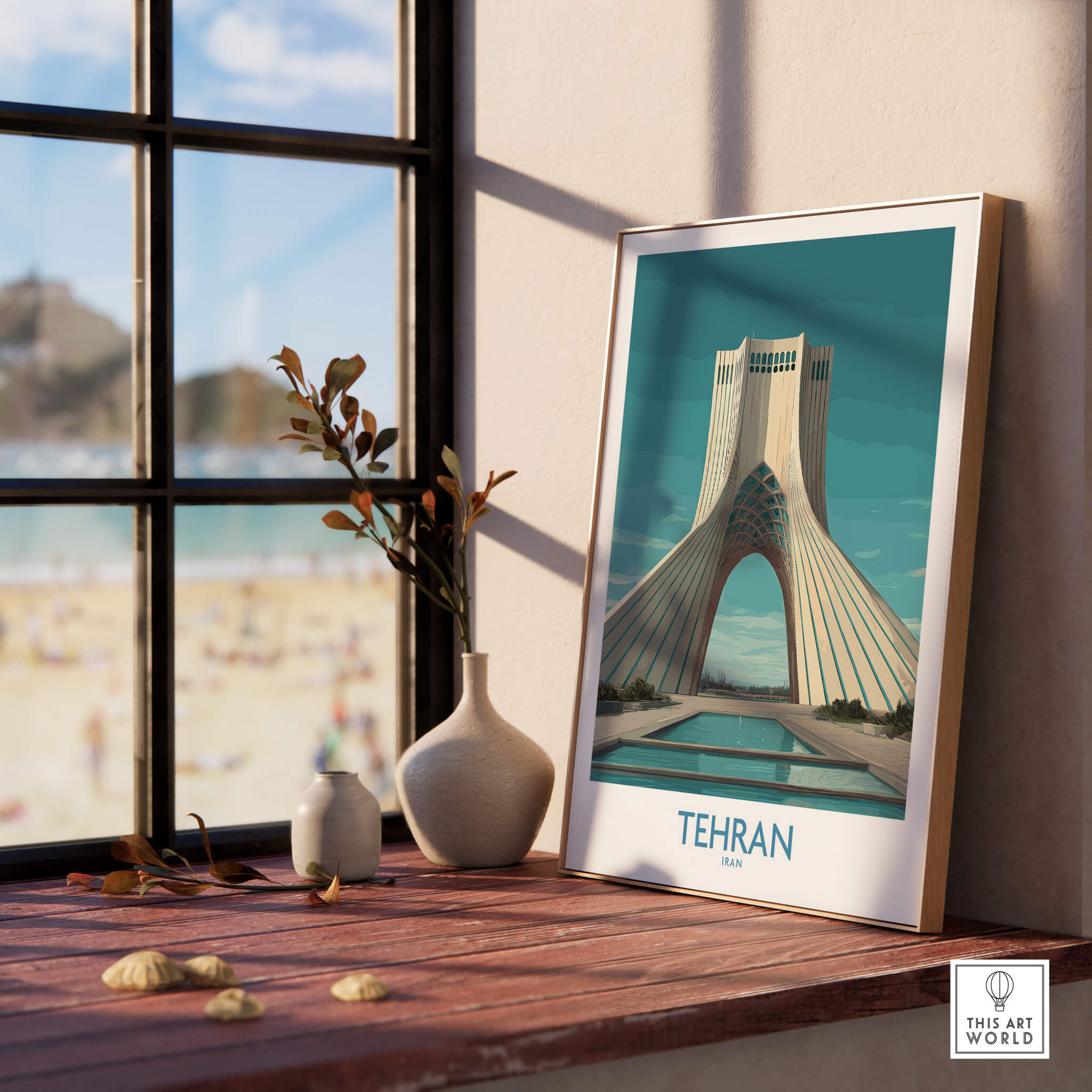 Tehran Poster Iran | Azadi Tower Sunset Architecture Canvas Print displayed in a sunlit room with a beach view.