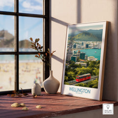 Wellington New Zealand Poster | Scenic City Skyline Landscape Canvas Print displayed on a table with a scenic view.