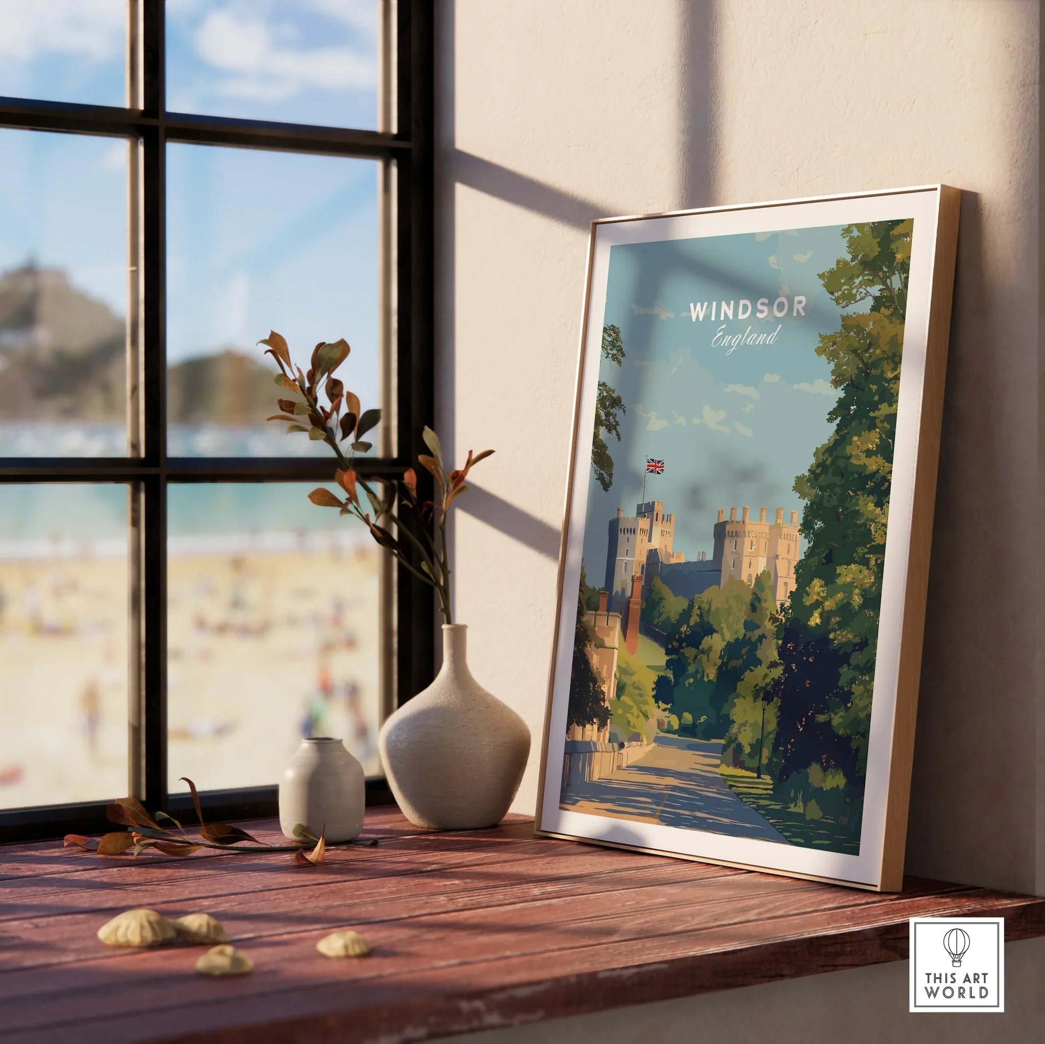 Framed Windsor England travel poster in natural wood frame on window ledge with vases.