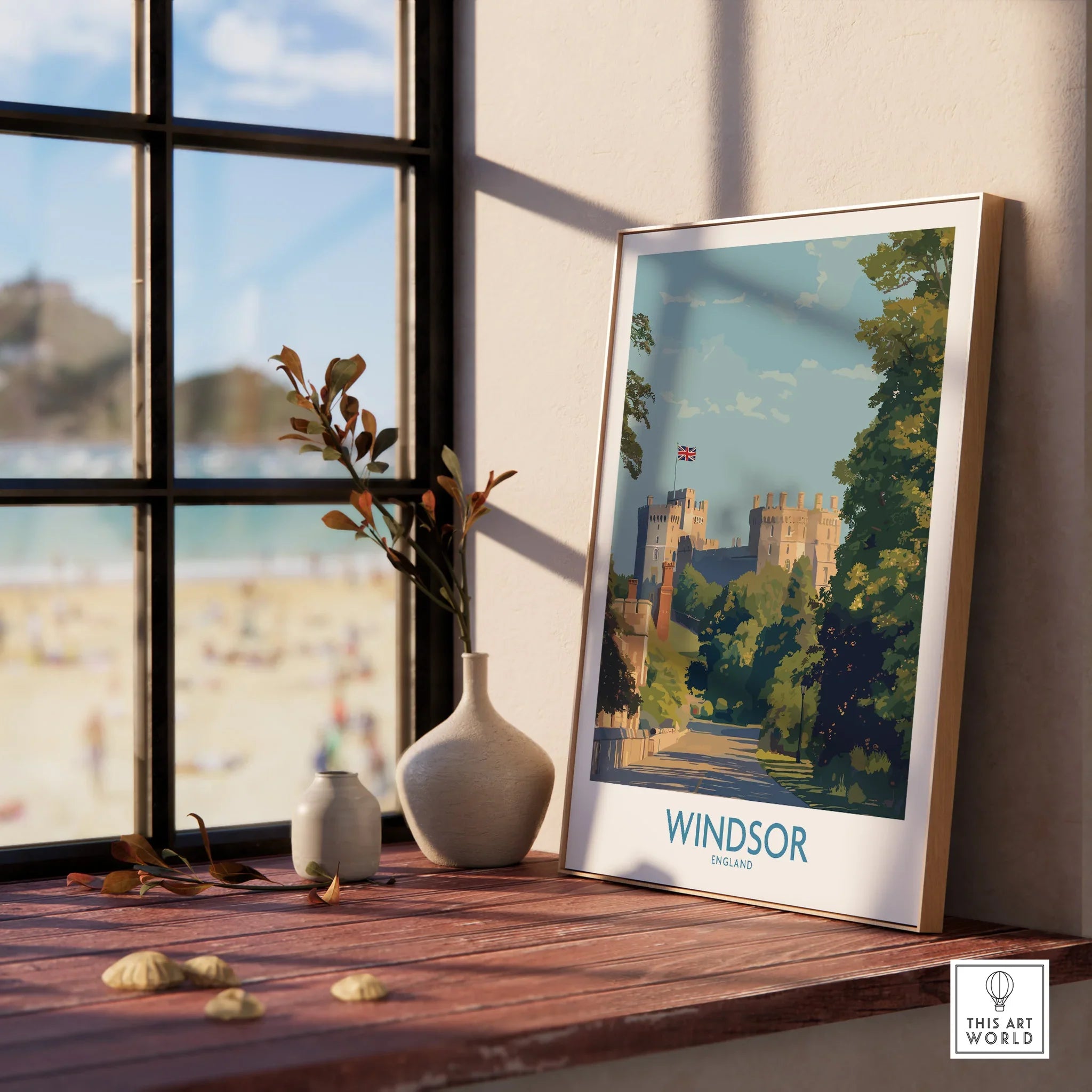 Windsor England travel poster in natural wood frame on windowsill with vases and beach view