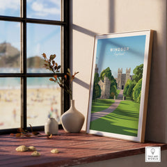Windsor England travel poster in natural wood frame on window sill with vases and beach view