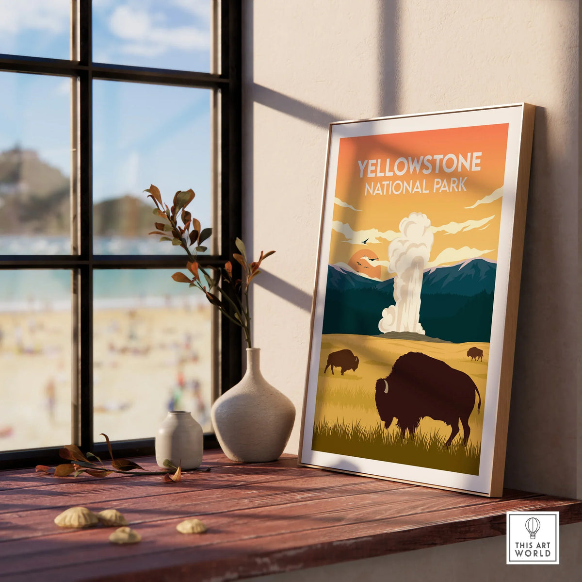 Yellowstone National Park framed print with bison and geyser on a windowsill, home decor