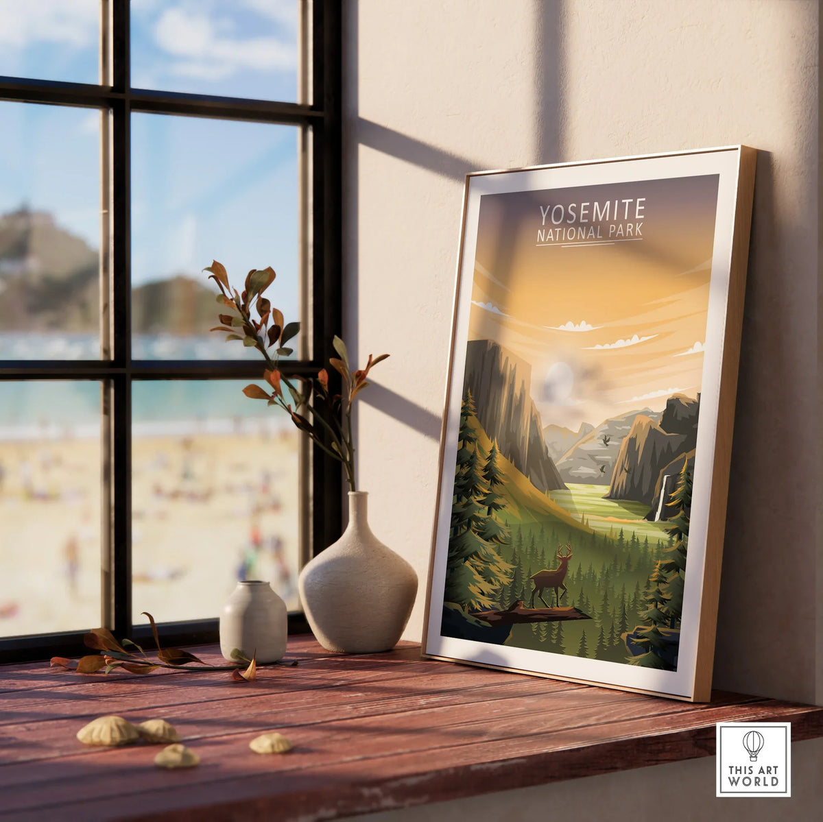 Framed Yosemite National Park print on windowsill with vases, sunlight, and scenic view art