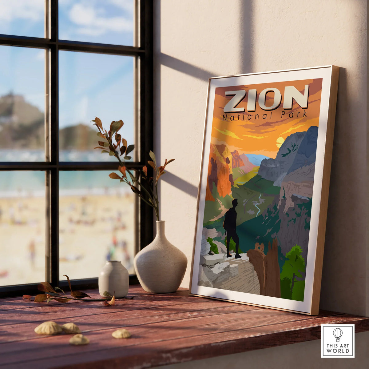 Framed Zion National Park poster on windowsill with vases and scenic view