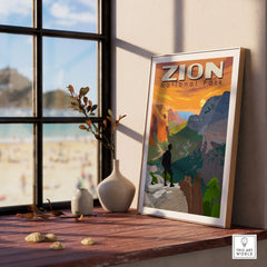 Framed Zion National Park poster on windowsill with vases and scenic view