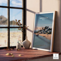 Abersoch Llyn Peninsula Shoreline View Canvas Print | Welsh Seaside Travel Poster displayed in a sunny room with a beach view.