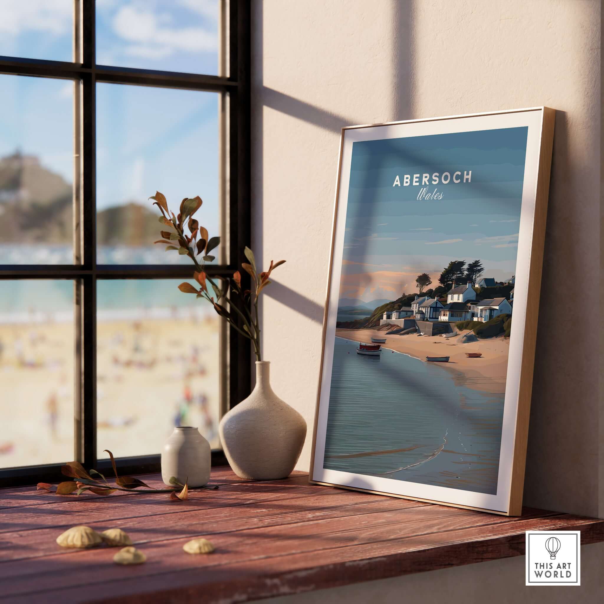 Abersoch Llyn Peninsula Shoreline View Canvas Print | Welsh Seaside Travel Poster displayed in a sunny room with a beach view.