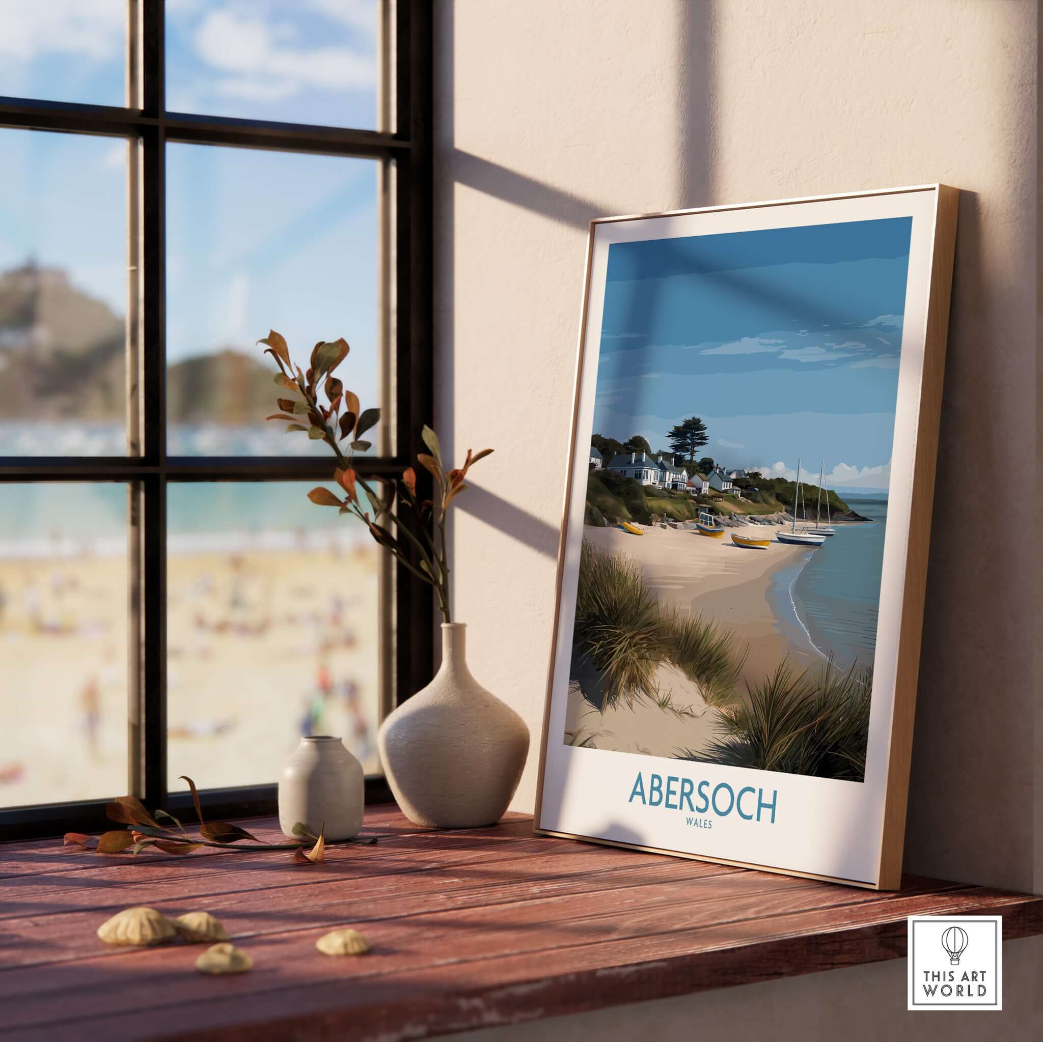 Abersoch Wales Sand Dunes Beach Art Print | Sailboats Coastal Wall Decor displayed beside a vase in a bright room.
