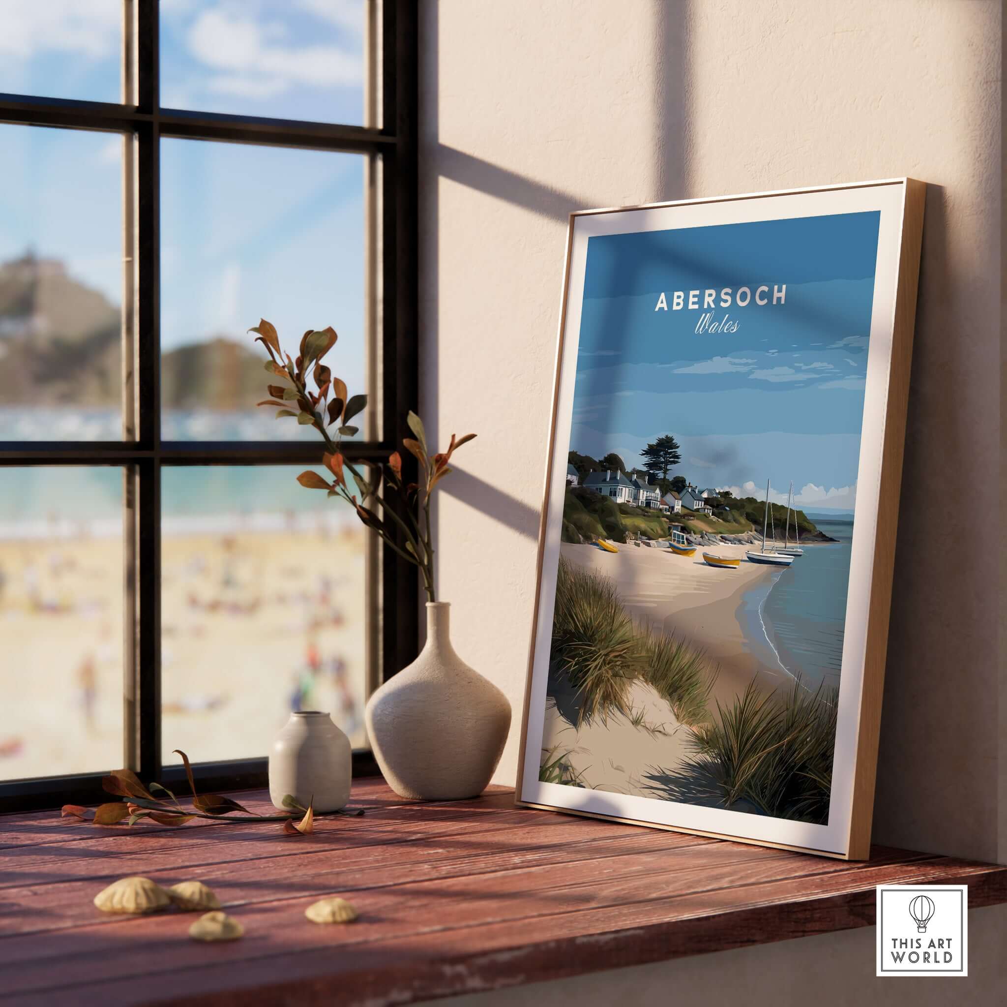 Abersoch Llyn Peninsula Boating Scene Canvas Print | Welsh Seaside Home Decor displayed in a sunlit room with coastal view.