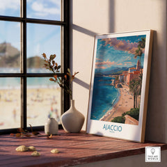 Ajaccio France Coastal Beach Art Print | Corsica Sunset City Poster displayed near a window showcasing beach view.