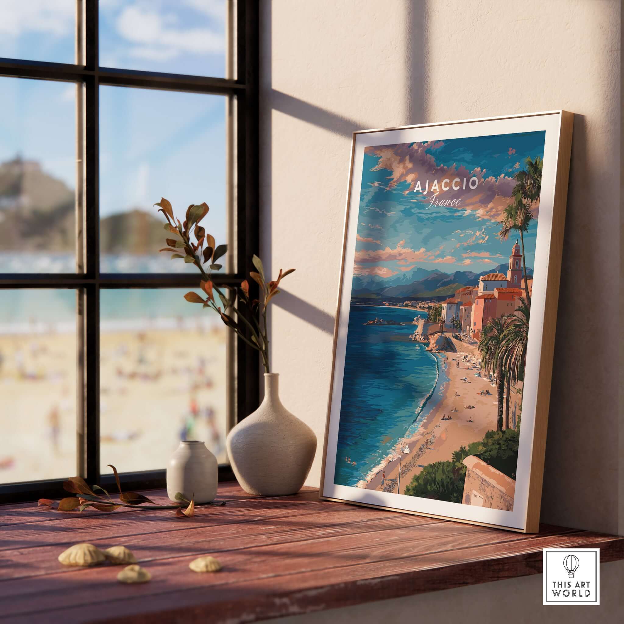 Ajaccio Canvas Print | French Travel Wall Decor displayed by a window with beach view and decor accents.
