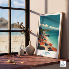 Albania Art Print | Beach Poster featuring a coastal scene with sun loungers and umbrellas beside a serene beach in Albania.
