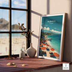 Albania Canvas Print | Balkan Travel Wall Decor showcasing a stunning beach scene with umbrellas and clear waters.