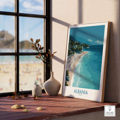 Albania Art Print | Turquoise Water Coastal Wall Decor displayed in a sunny room with a beach view.