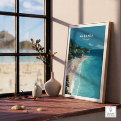 Albania Canvas Print | Balkan Travel Poster showcasing a beach scene with turquoise waters and cliffs.