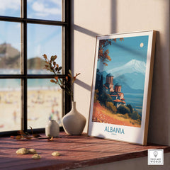 Albania Snow Mountain Church Art Print | Historic Monastery Landscape Poster displayed in a cozy indoor setting.