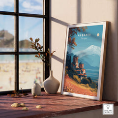 Albania Canvas Print | Framed and Unframed Travel Wall Decor displayed beside a window with a beach view.
