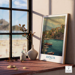 Antalya Turkey Harbour Cliff Art Print | Taurus Mountains View Poster displayed on a windowsill with beach view.
