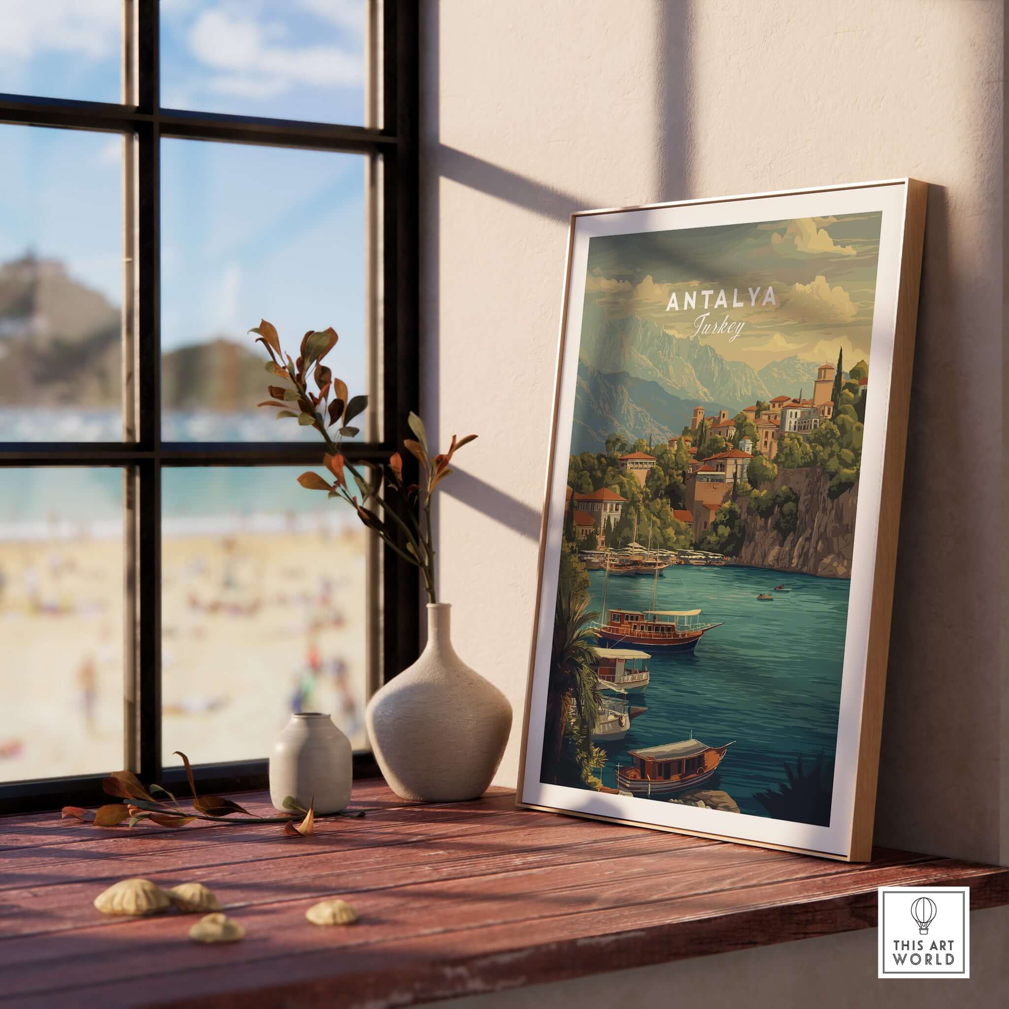 Antalya Kaleiçi Marina Canvas Print | Turkish Travel Wall Decor displayed indoors with a scenic view.