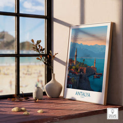 Antalya Turkey Art Print | Historic Coastal City Poster displayed in a sunny interior setting with a beach view.