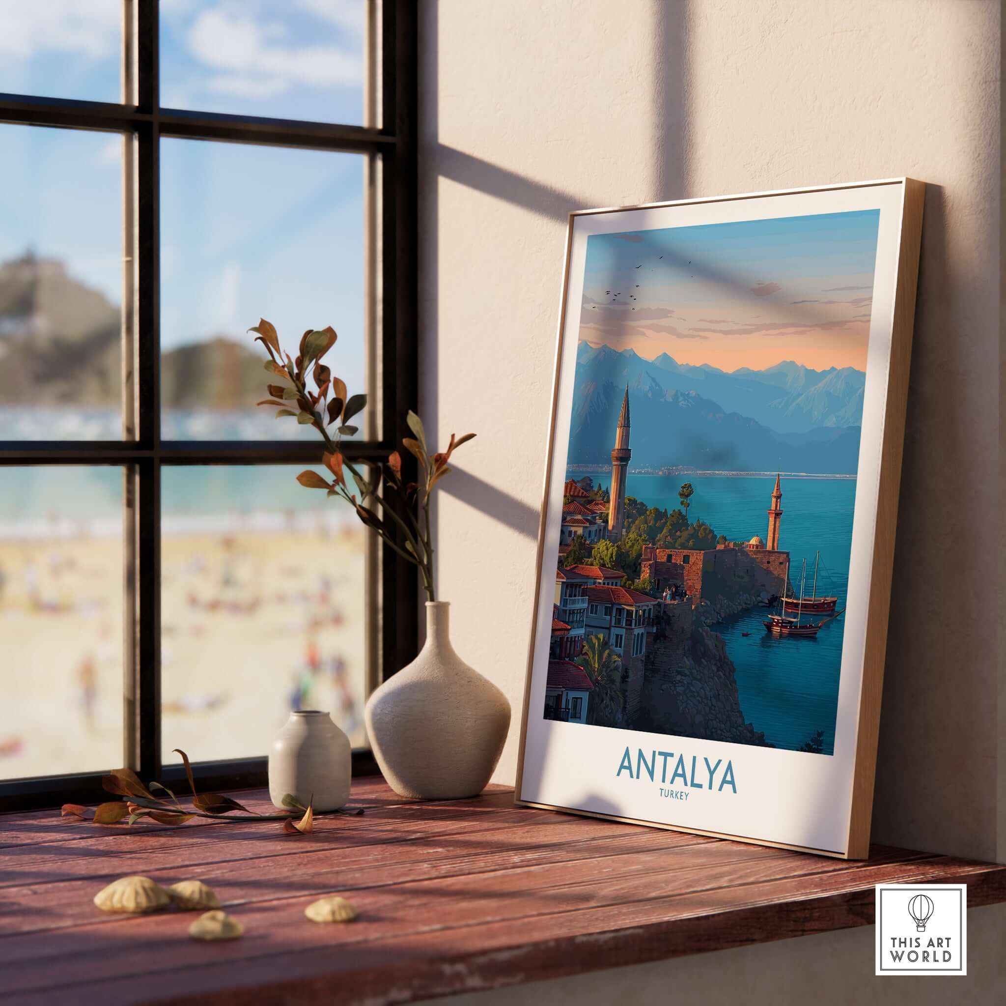 Antalya Turkey Art Print | Historic Coastal City Poster displayed in a sunny interior setting with a beach view.