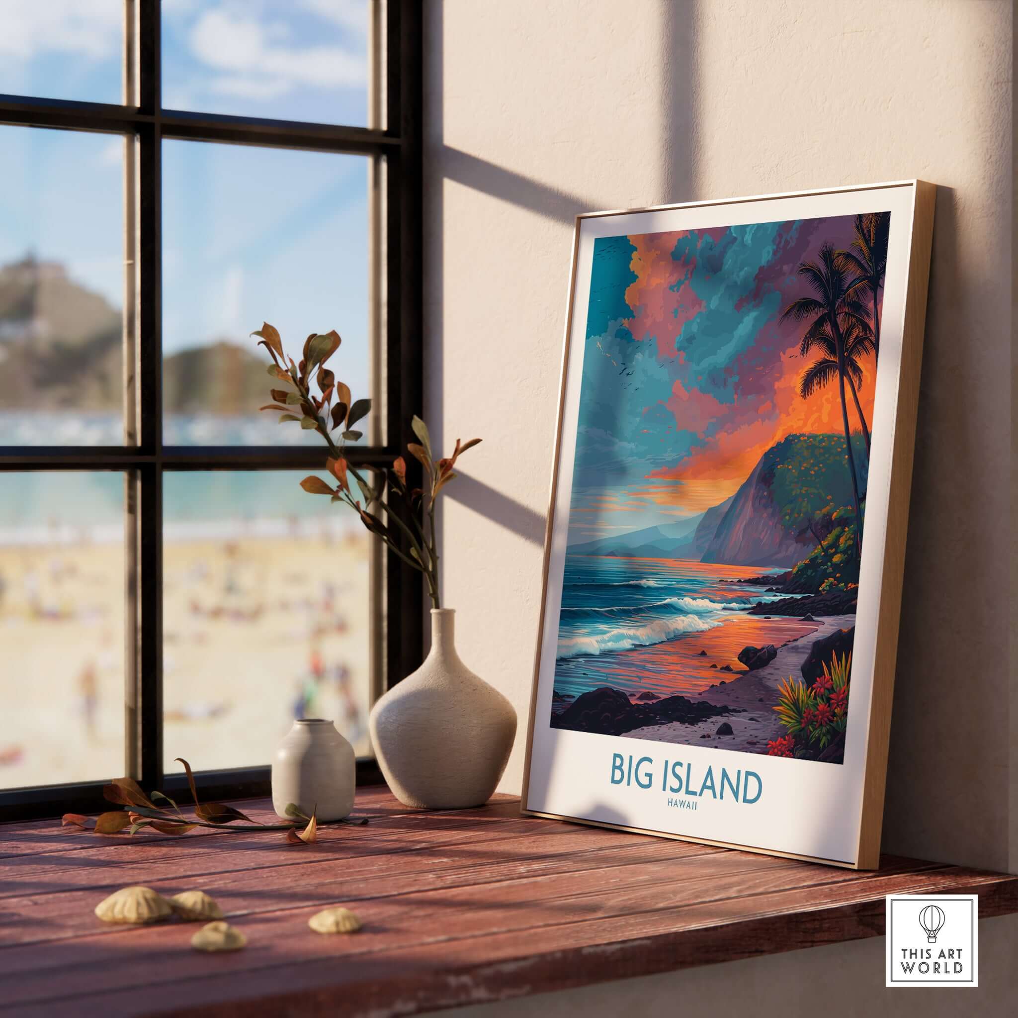 Big Island Hawaii Sunset Beach Art Print | Tropical Palm Tree Poster displayed indoors with natural light.