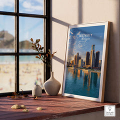 Detroit Riverfront Sunset View Print | Modern US City Wall Decor displayed in a bright room with beach view.