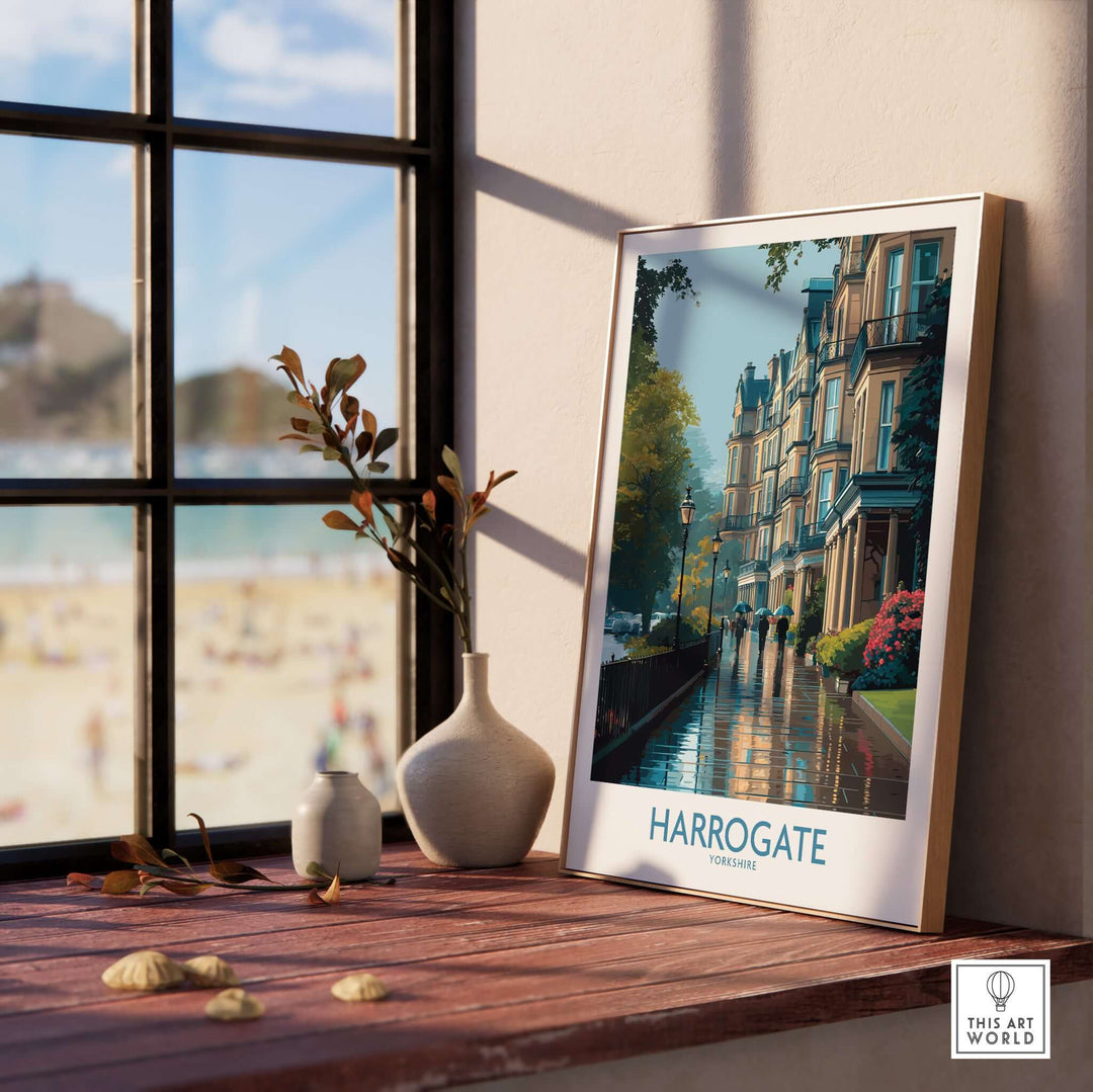 Harrogate Yorkshire Victorian Terrace Art Print | Rainy Street Poster displayed by a window with beach view.
