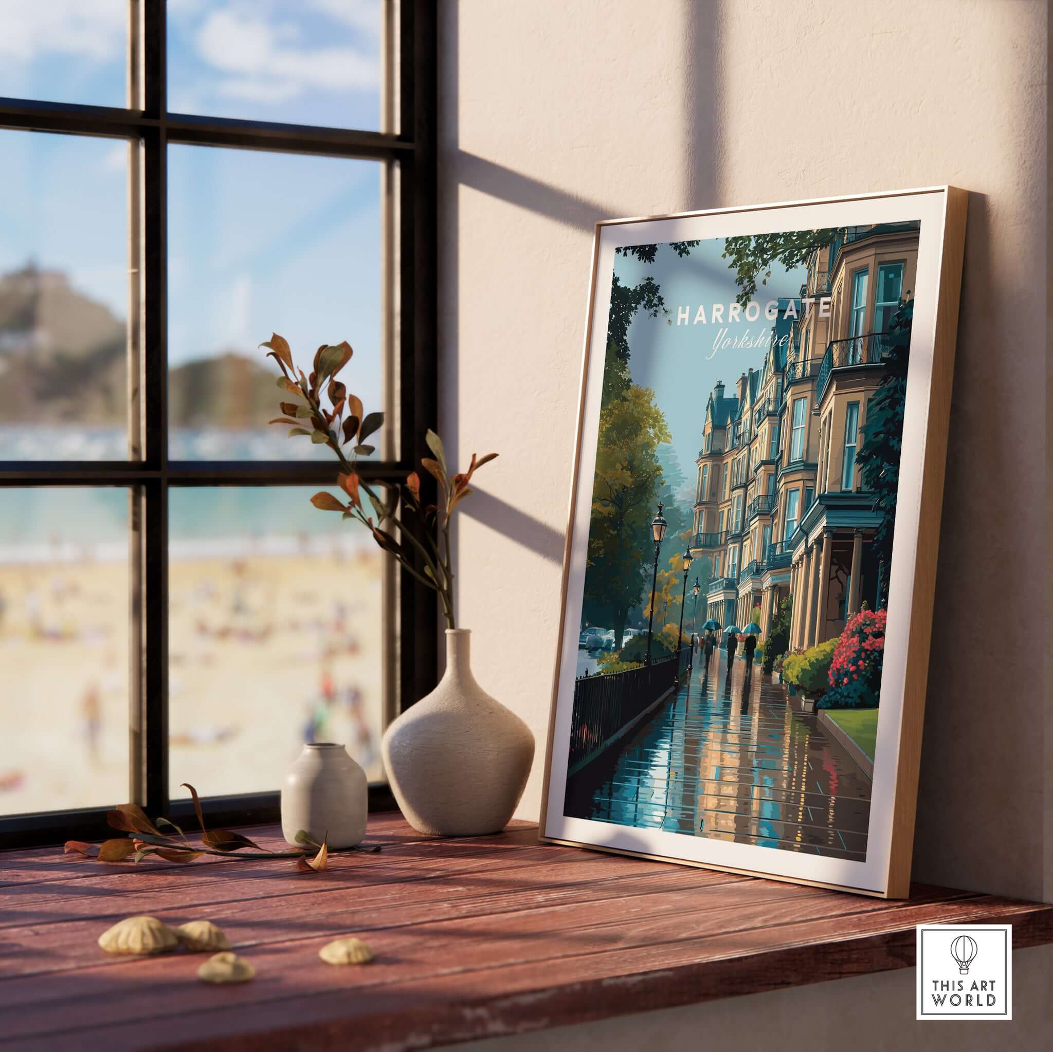 Harrogate Classic British Town Scene Print | English Architecture Wall Art displayed in a stylish interior with a beach view.