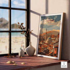 Kosovo Balkan City Rooftops Canvas Print | European Travel Wall Decor displayed in a sunny indoor setting with a view.