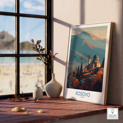 Kosovo Monastery and Mountains Art Print | Autumn Balkan Landscape Poster displayed on a windowsill with scenic view.