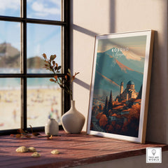 Kosovo Historic Church Hill View Canvas Print | European Wall Decor displayed in a sunlit room with mountain landscape.