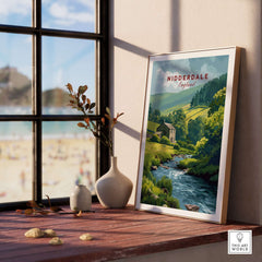 Nidderdale Stone Farmhouse and Stream Canvas Print | English Country Wall Decor displayed on a window sill.