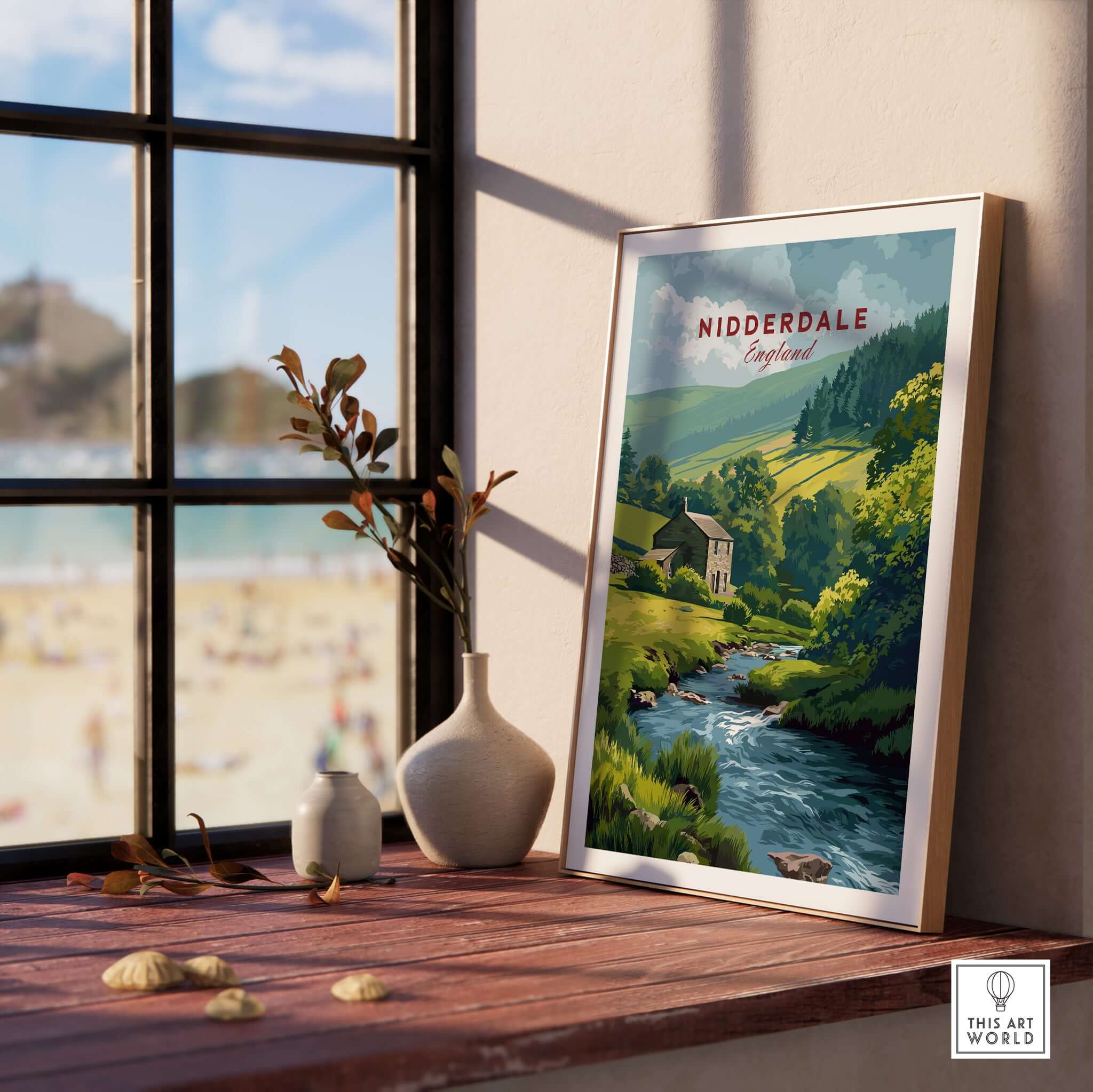 Nidderdale Stone Farmhouse and Stream Canvas Print | English Country Wall Decor displayed on a window sill.
