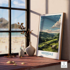 Nidderdale Art Print | Yorkshire Dales Sheep Poster displayed on a windowsill, featuring lush green hills and sheep.