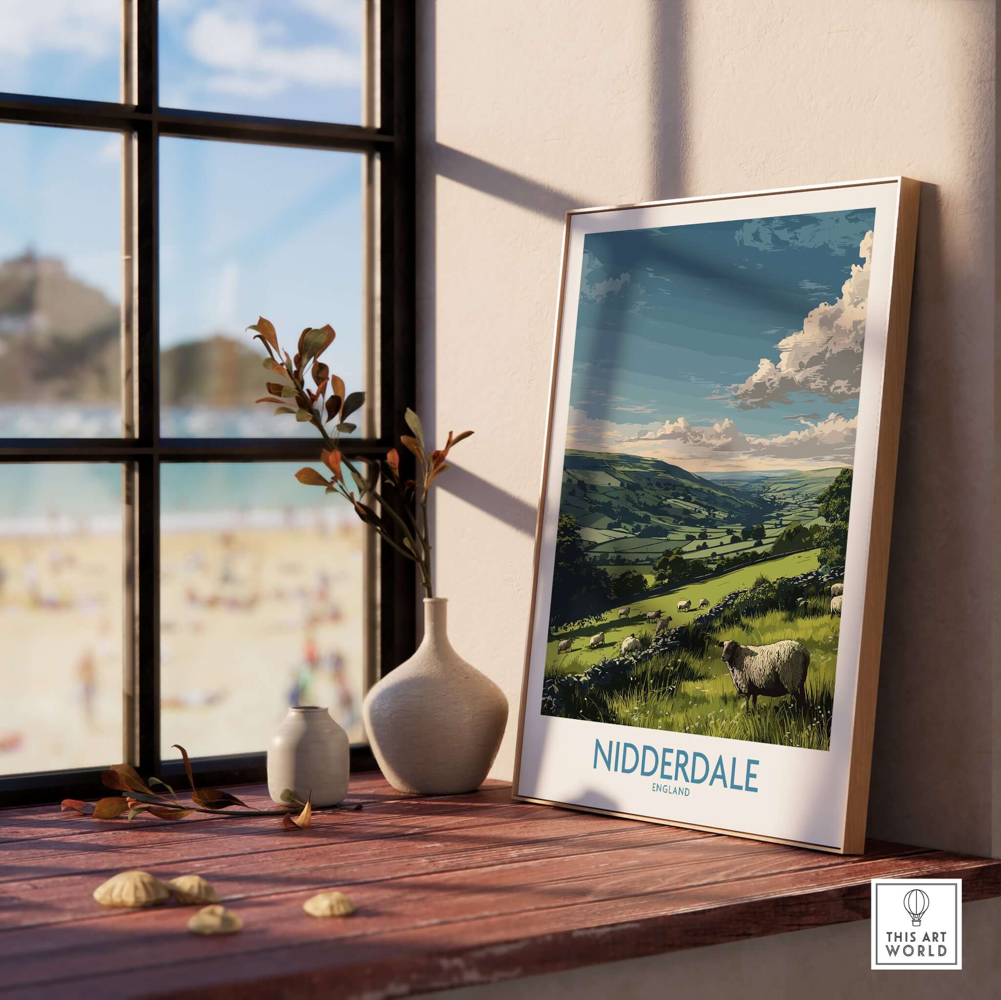 Nidderdale Art Print | Yorkshire Dales Sheep Poster displayed on a windowsill, featuring lush green hills and sheep.