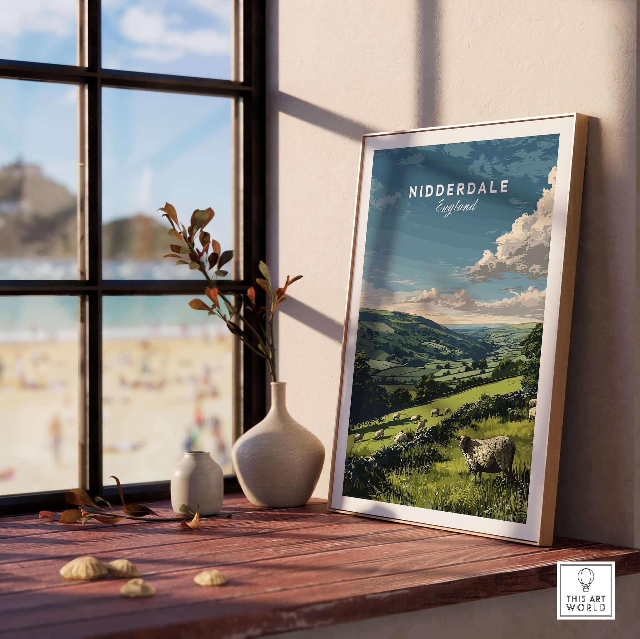 Nidderdale Canvas Print | English Countryside Decor displayed near a window with a scenic view.