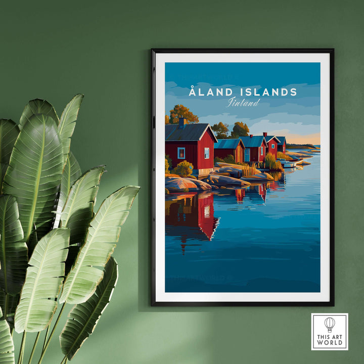 Åland Islands Print | Scandinavian Travel Home Art featuring colorful cabins by water.