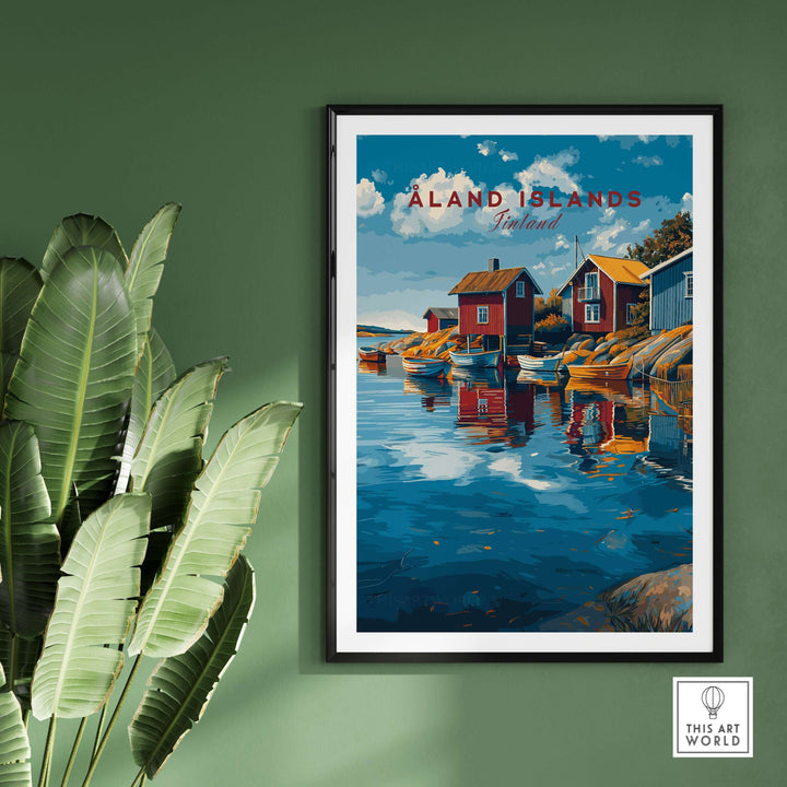 Åland Islands Poster | Scandinavian Sea Wall Decor showcasing colorful houses by the water in a serene environment.