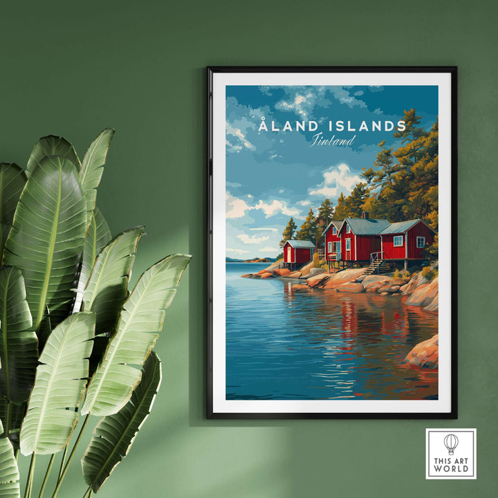 Åland Islands Picturesque Nordic Huts Print | Scandinavian Travel Wall Decor framed on wall with green background