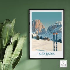 Alta Badia Italy ski wall art featuring mountains and skis, perfect for winter decor and alpine enthusiasts.