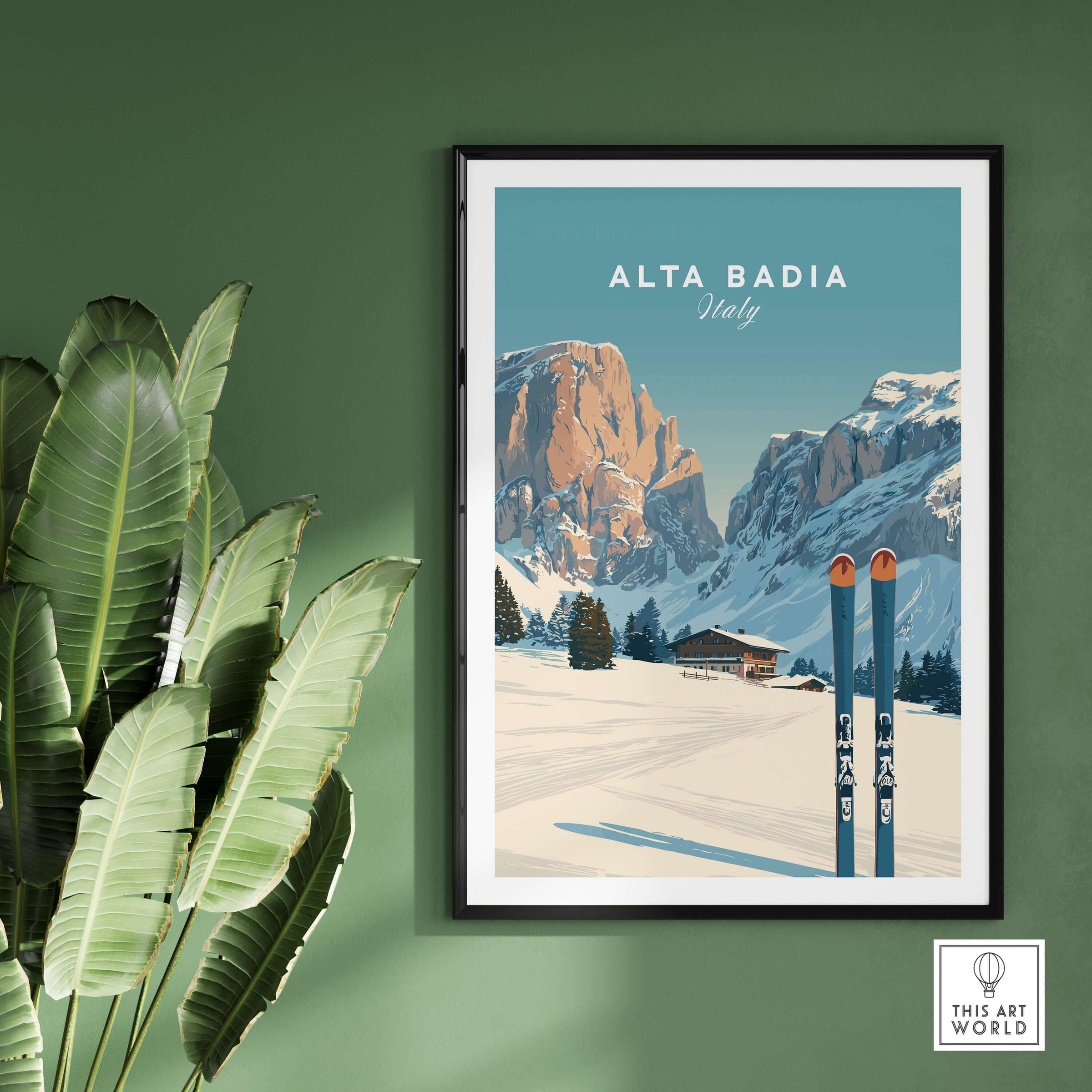 Alta Badia Italy ski resort print featuring snowy mountains and ski poles, perfect for nature lovers and skiing enthusiasts.