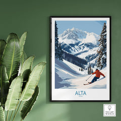 Alta Utah skiing adventure print featuring snowy slopes and Wasatch Mountains, perfect winter decor for ski lovers.