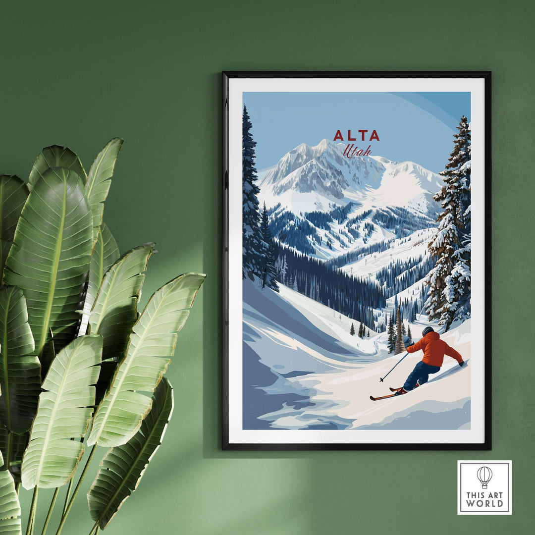 Alta Utah ski poster featuring a skier on powder snow with mountain scenery, perfect for winter sports wall art.