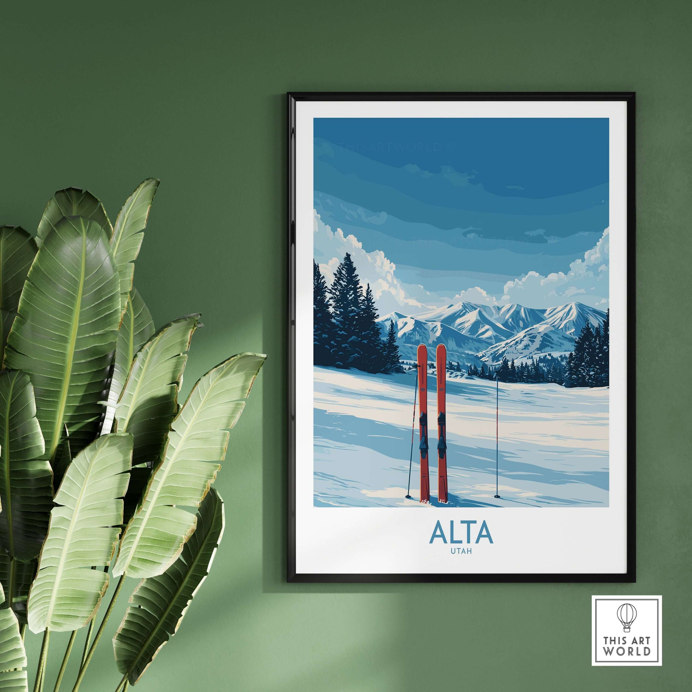 Alta Utah winter mountain landscape poster featuring skis and snowy peaks, perfect for skiing decor.
